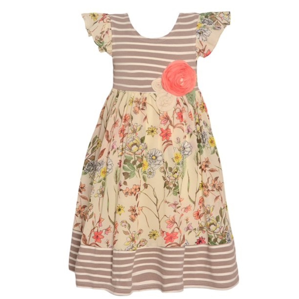 Bonnie Jean Little Girls Ivory Stripe Floral Print Short Sleeve Dress